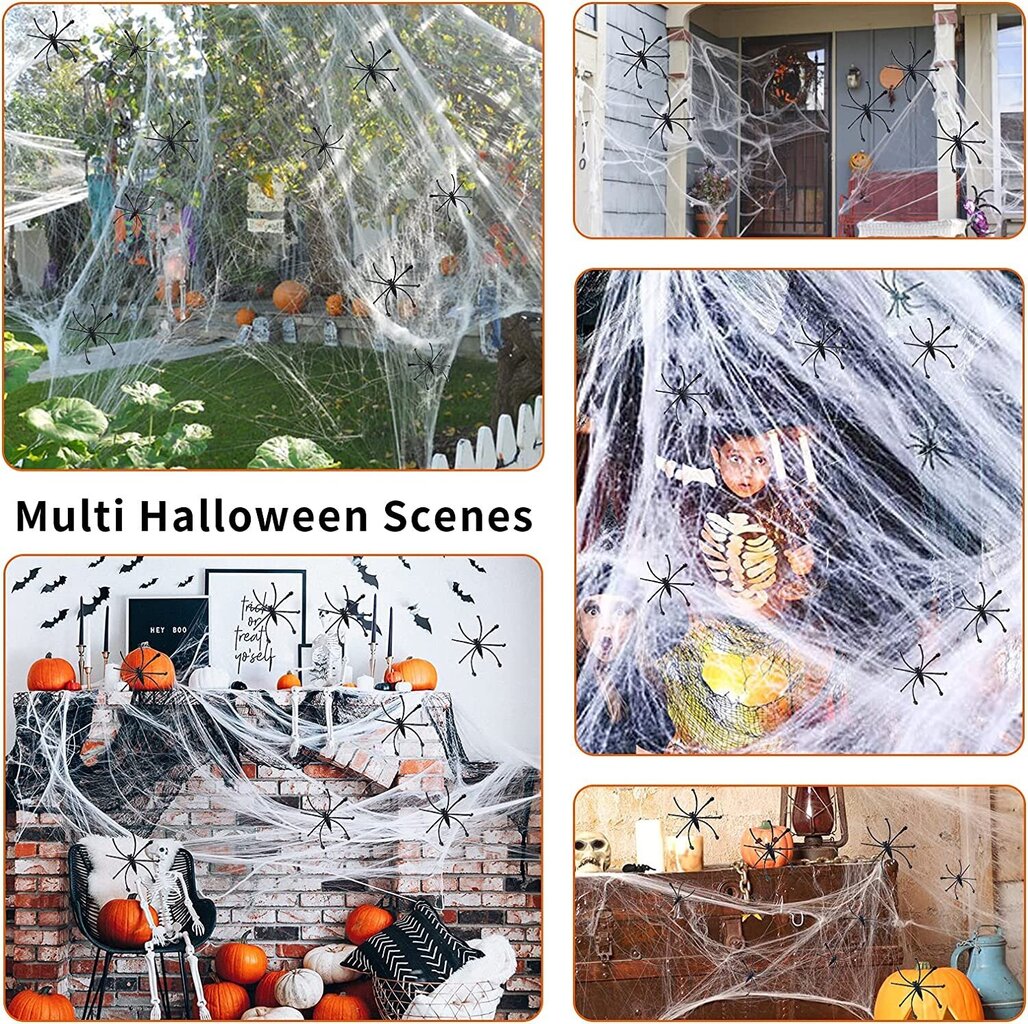 Halloweeni kaunistusvõrk valge, 200 grammi, 4 musta ämblikku hind ja info | Peokaunistused | kaup24.ee
