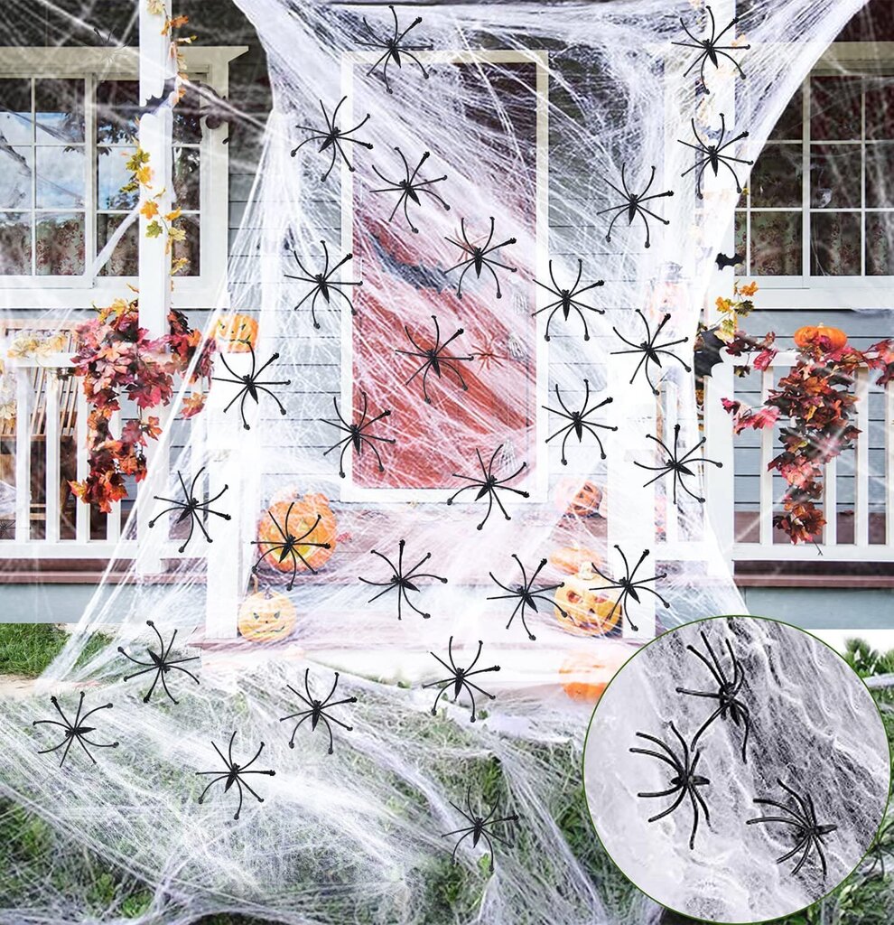 Halloweeni kaunistusvõrk valge, 200 grammi, 4 musta ämblikku цена и информация | Peokaunistused | kaup24.ee