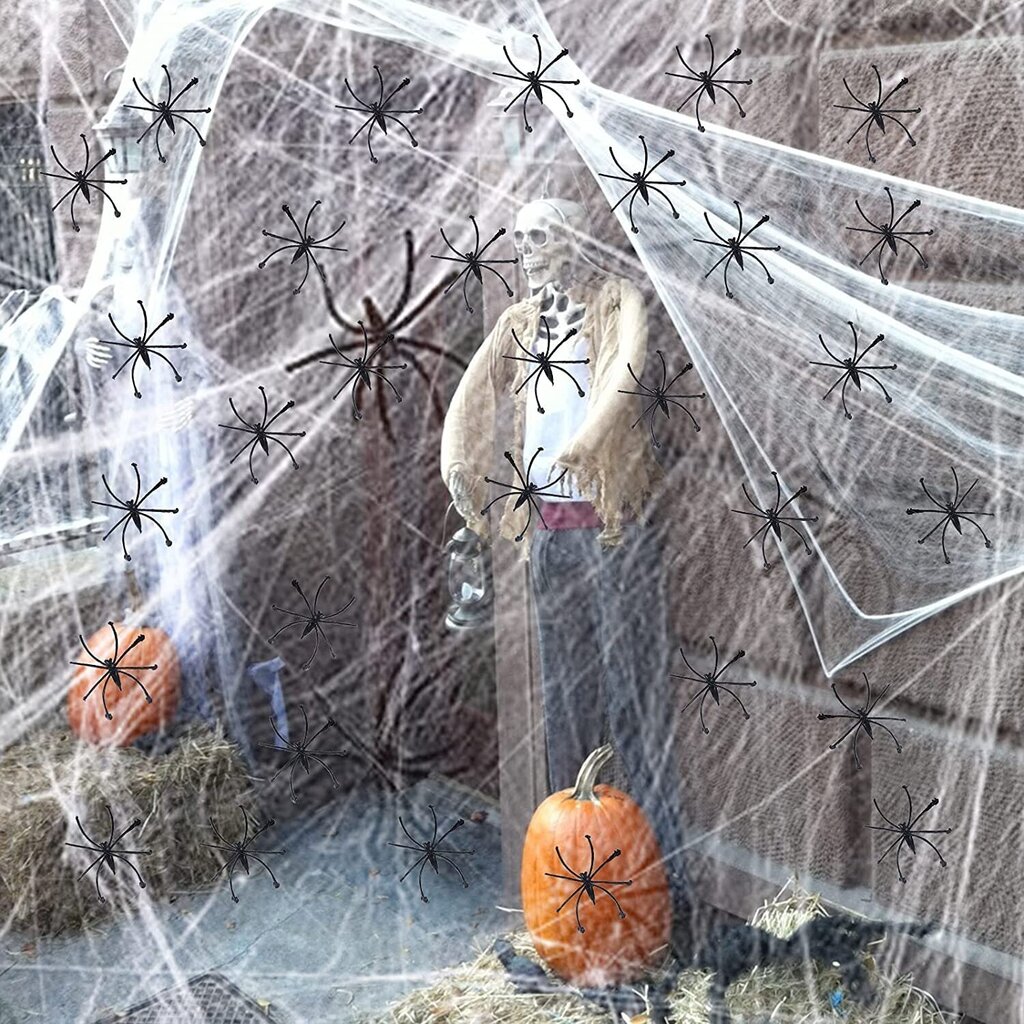 Halloweeni kaunistusvõrk valge, 200 grammi, 4 musta ämblikku цена и информация | Peokaunistused | kaup24.ee