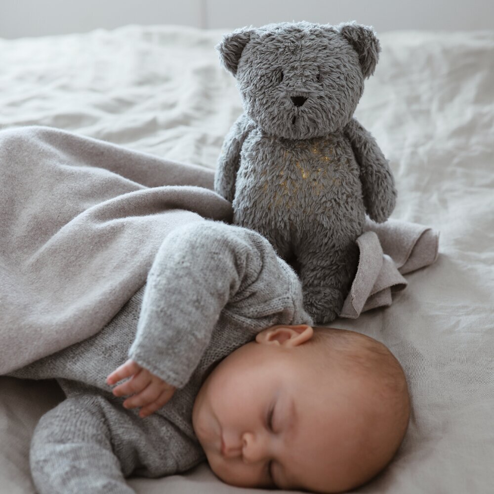 Öölamp hällilaulu ja roosa müraga Moonie karuga, Mineral Grey hind ja info | Imikute mänguasjad | kaup24.ee