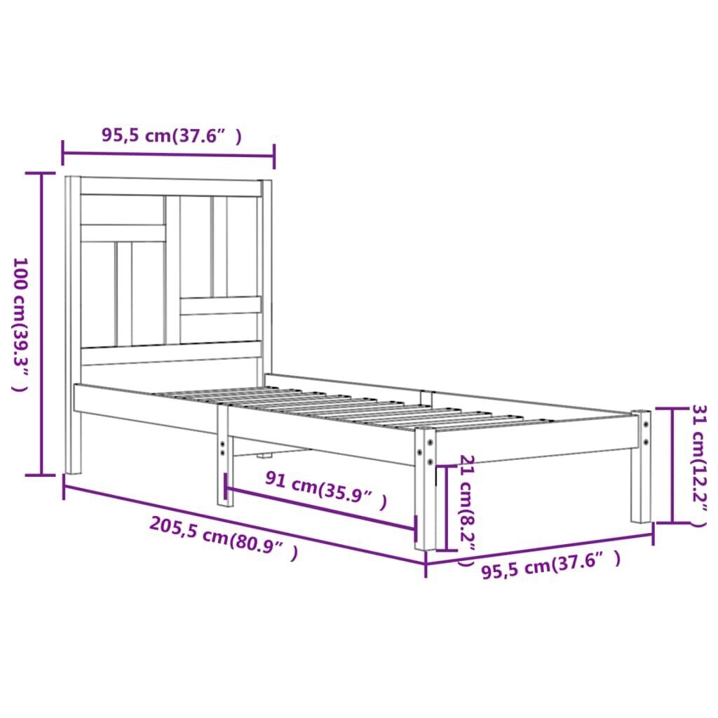 vidaXL voodiraam, valge, täismännipuit, 90 x 200 cm hind ja info | Voodid | kaup24.ee