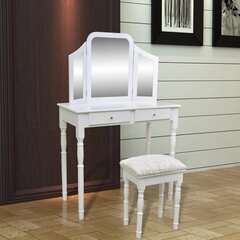 Косметический стол с зеркалом и стулом, белый, 2 ящика цена и информация | Туалетные столики | kaup24.ee