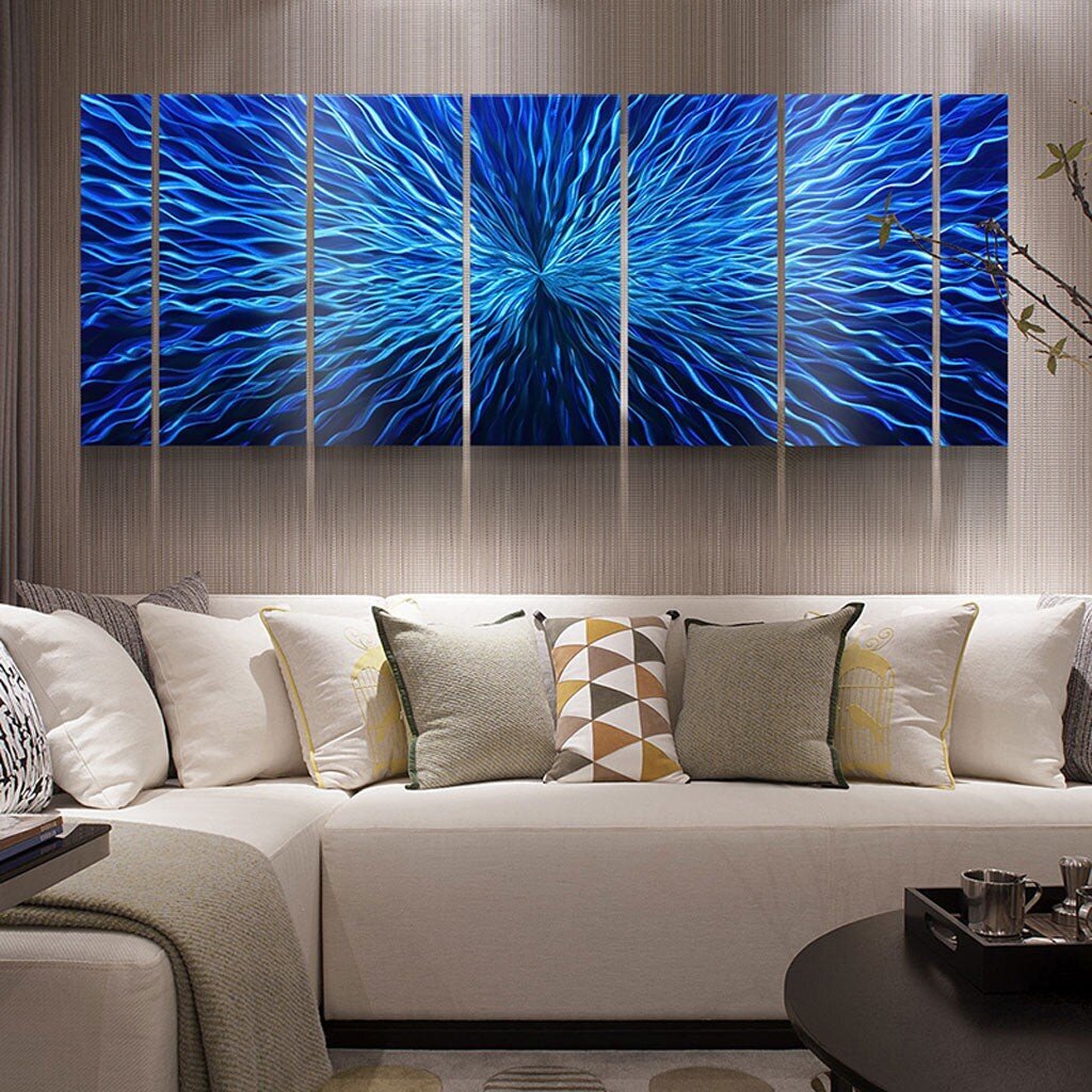 Käsitsi valmistatud 7-osaline metallmaal polüptühhon Blue Energy 180x60cm hind ja info | Seinapildid | kaup24.ee