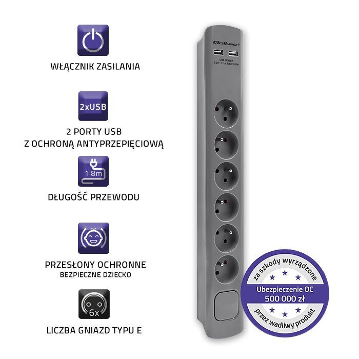 Qoltec Ülepingekaitse 6 pesa, 2xUSB, 1,8m hind ja info | Pikendusjuhtmed, kaablid | kaup24.ee