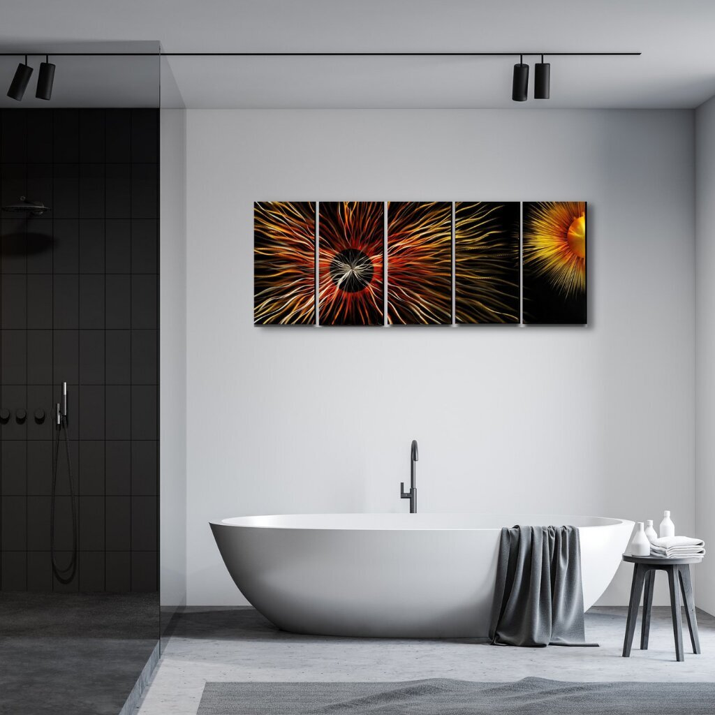 Metallist käsitöö 5-osaline polüptühhonmaal Red Sun I 150x60cm цена и информация | Seinapildid | kaup24.ee