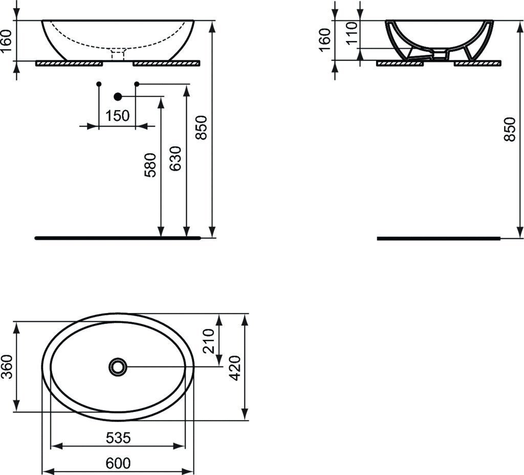 Valamu Ideal Standard Strada Oval Vessel, 60x42 cm, K078401 hind ja info | Kraanikausid, valamud | kaup24.ee