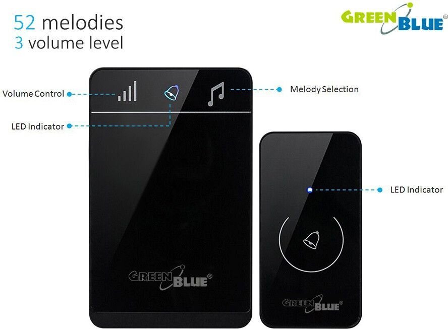 GreenBlue Wirelees bell GB112 52 laulu must GreenBlue hind ja info | Uksekellad, uksesilmad | kaup24.ee