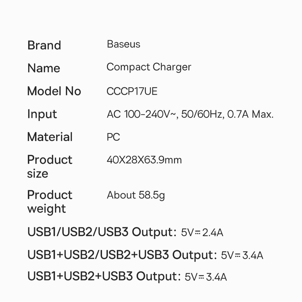 Baseus Compact CCXJ020101 цена и информация | Mobiiltelefonide laadijad | kaup24.ee