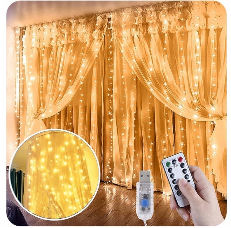 Garland, LED valguskardin puldiga, USB toide 3x2M, 300 LED hind ja info | Jõulutuled | kaup24.ee