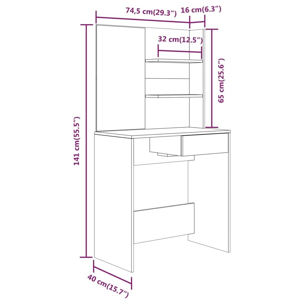 vidaXL peegliga tualettlaud, Sonoma tamm, 74,5 x 40 x 141 cm hind ja info | Öökapid | kaup24.ee