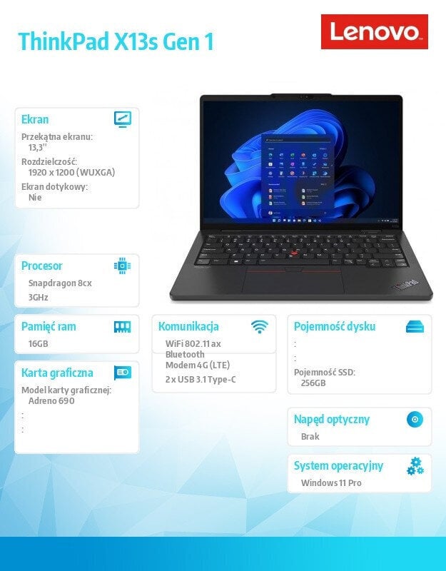 Ultrabook ThinkPad X13s G1 21BX000UPB W11Pro SC8280XP/ 16GB/ 256GB/ INT/ LTE/ 13.3 WUXGA/ Black/ 3YRS Premier Support цена и информация | Sülearvutid | kaup24.ee