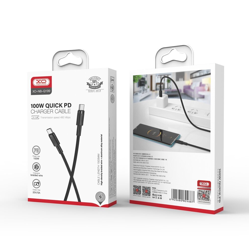 XO cable NB-Q199 PD USB-C - USB-C 1,5m 100W black hind ja info | Mobiiltelefonide kaablid | kaup24.ee