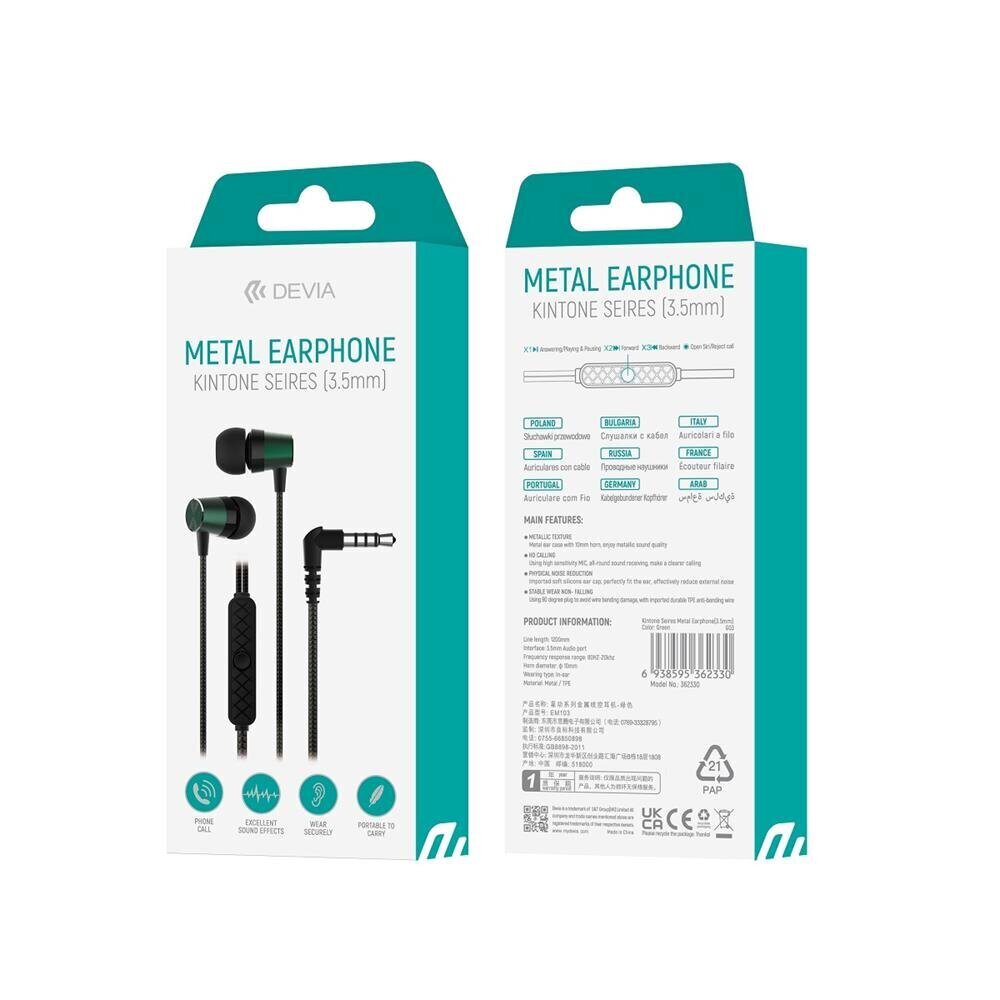 Devia wired earphones Kintone Metal jack 3,5mm green цена и информация | Kõrvaklapid | kaup24.ee
