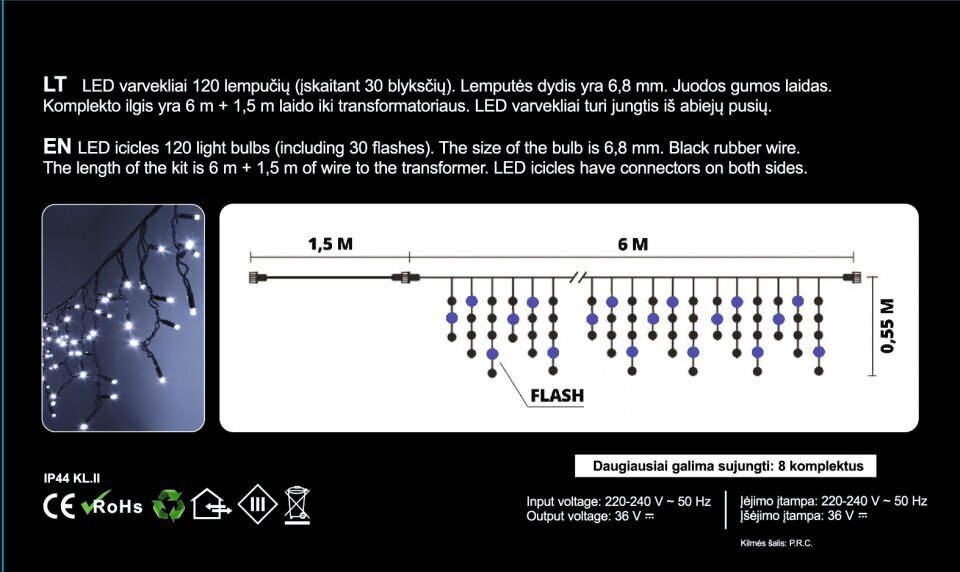 Jõulutuled purikad (õue) 120 Led, 6 m, külm valge (Flash) (133) 6605 hind ja info | Jõulutuled | kaup24.ee