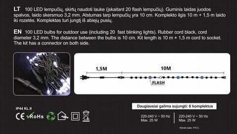 Jõulutuled õue 100 Led/10 m + 1.5 m, külm valge /sinine (Flash) (103) 6610 hind ja info | Jõulutuled | kaup24.ee