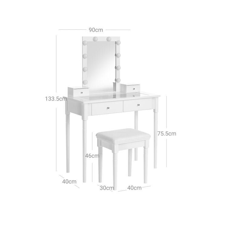 Peegli ja taburetiga tualettlaud VASAGLE RDT172W01, valge hind ja info | Tualettlauad | kaup24.ee