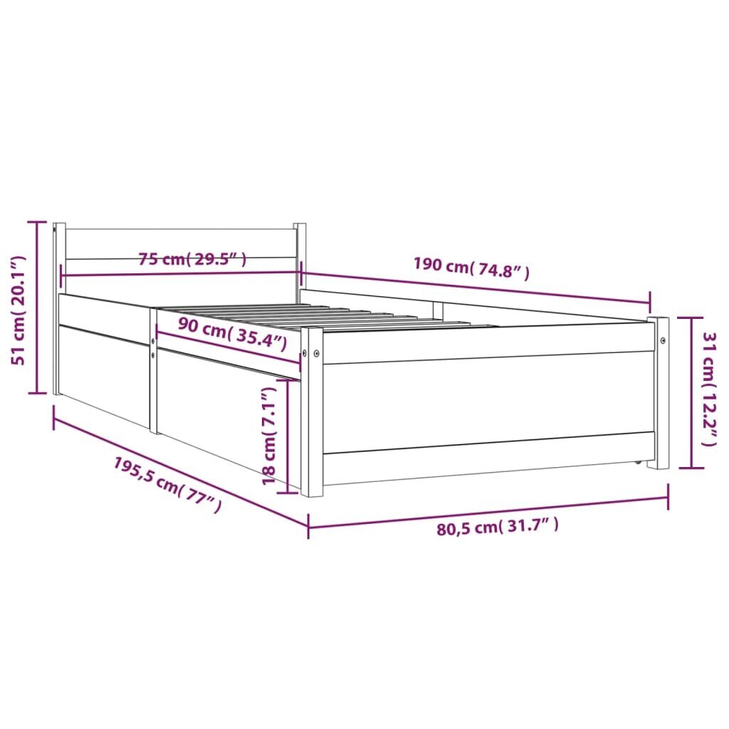 vidaXL voodiraam sahtlitega, 75 x 190 cm, ühekohaline hind ja info | Voodid | kaup24.ee