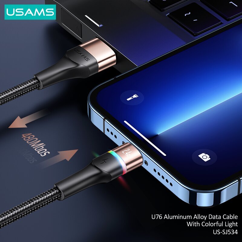 Kiirlaadimise ja andmesidekaabel Usms U76 2.4A USB to lightning, must цена и информация | Mobiiltelefonide kaablid | kaup24.ee