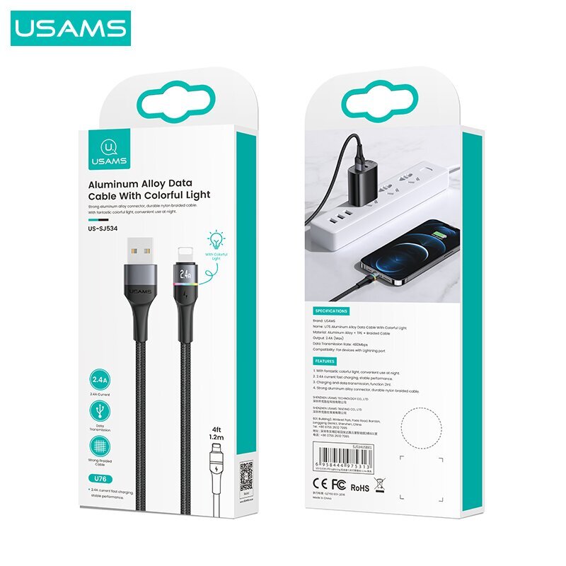 Kiirlaadimise ja andmesidekaabel Usms U76 2.4A USB to lightning, must цена и информация | Mobiiltelefonide kaablid | kaup24.ee