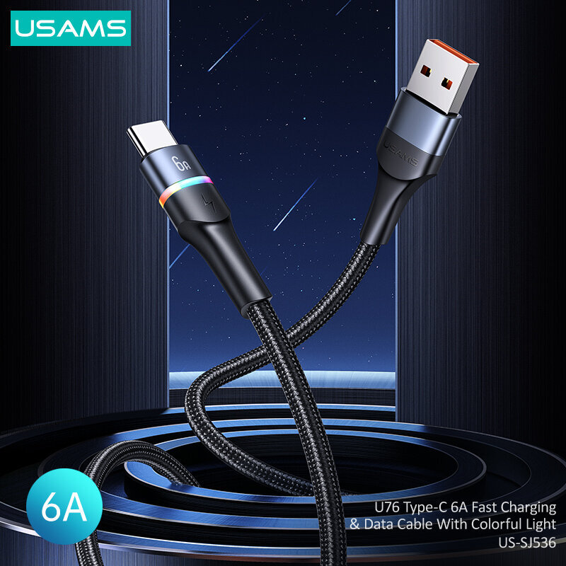 Kiirlaadimise ja andmesidekaabel Usms U76 6A USB to type-C, must hind ja info | Mobiiltelefonide kaablid | kaup24.ee