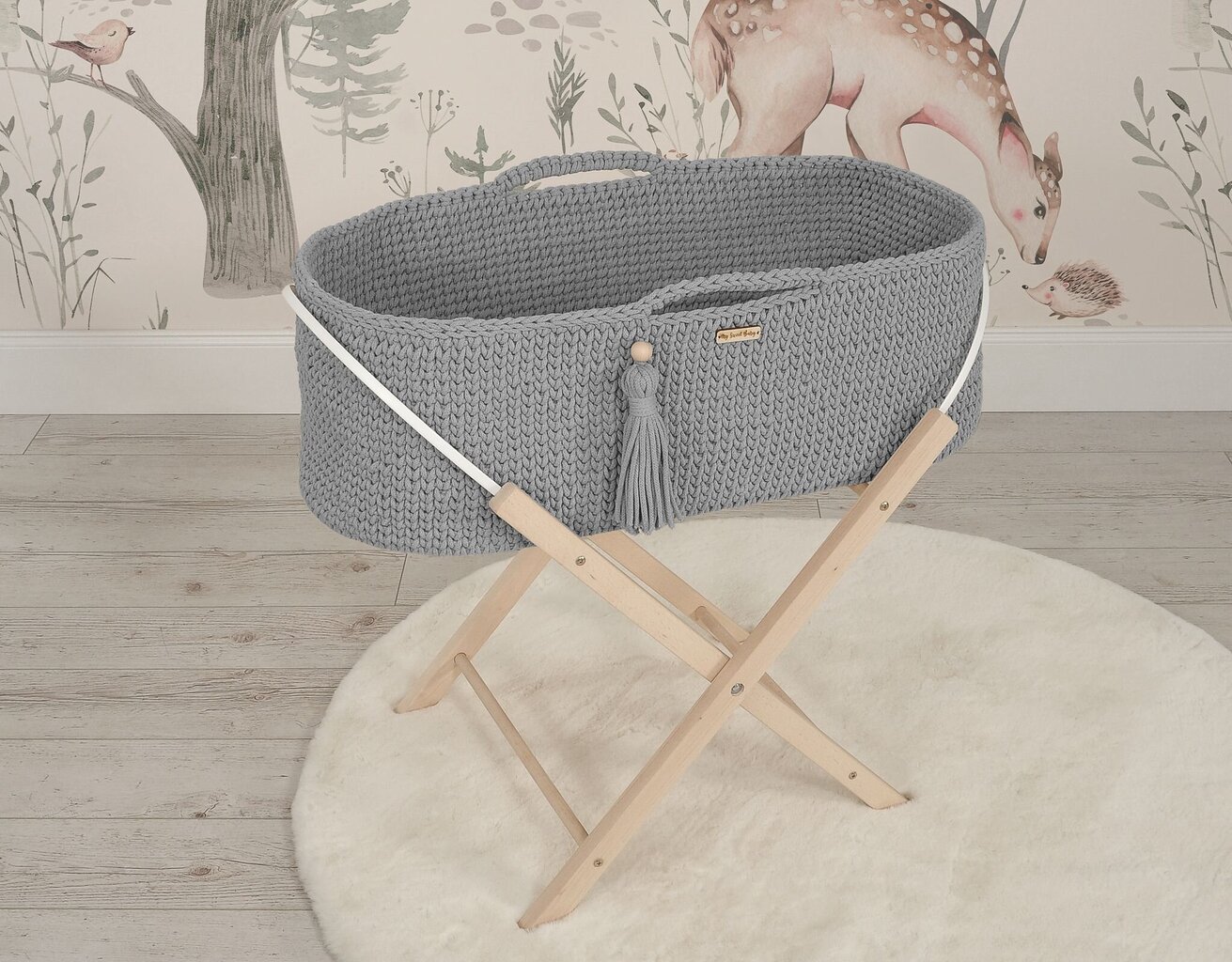 Beebivoodi Moses korv Boho käsitsi valmistatud alusega - dark gray hind ja info | Beebivoodid | kaup24.ee