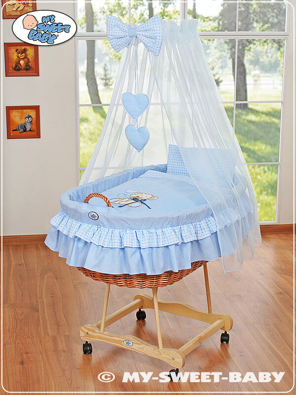 Beebivoodi Moses Basket/vitstest võrevoodi drapeeringuga- Bear, lipsuga, sinine цена и информация | Beebivoodid | kaup24.ee