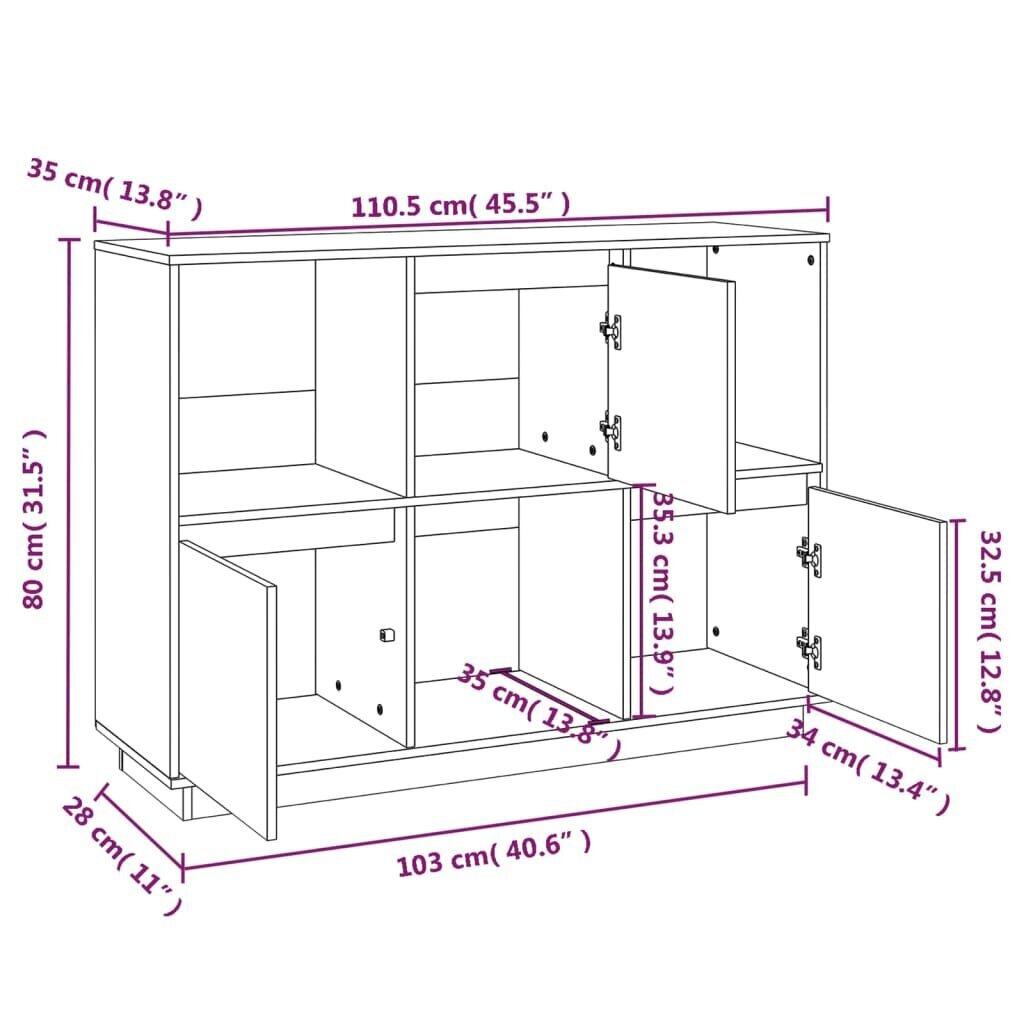 vidaXL puhvetkapp, hall, 110,5 x 35 x 80 cm, toekas männipuit hind ja info | Elutoa väikesed kapid | kaup24.ee