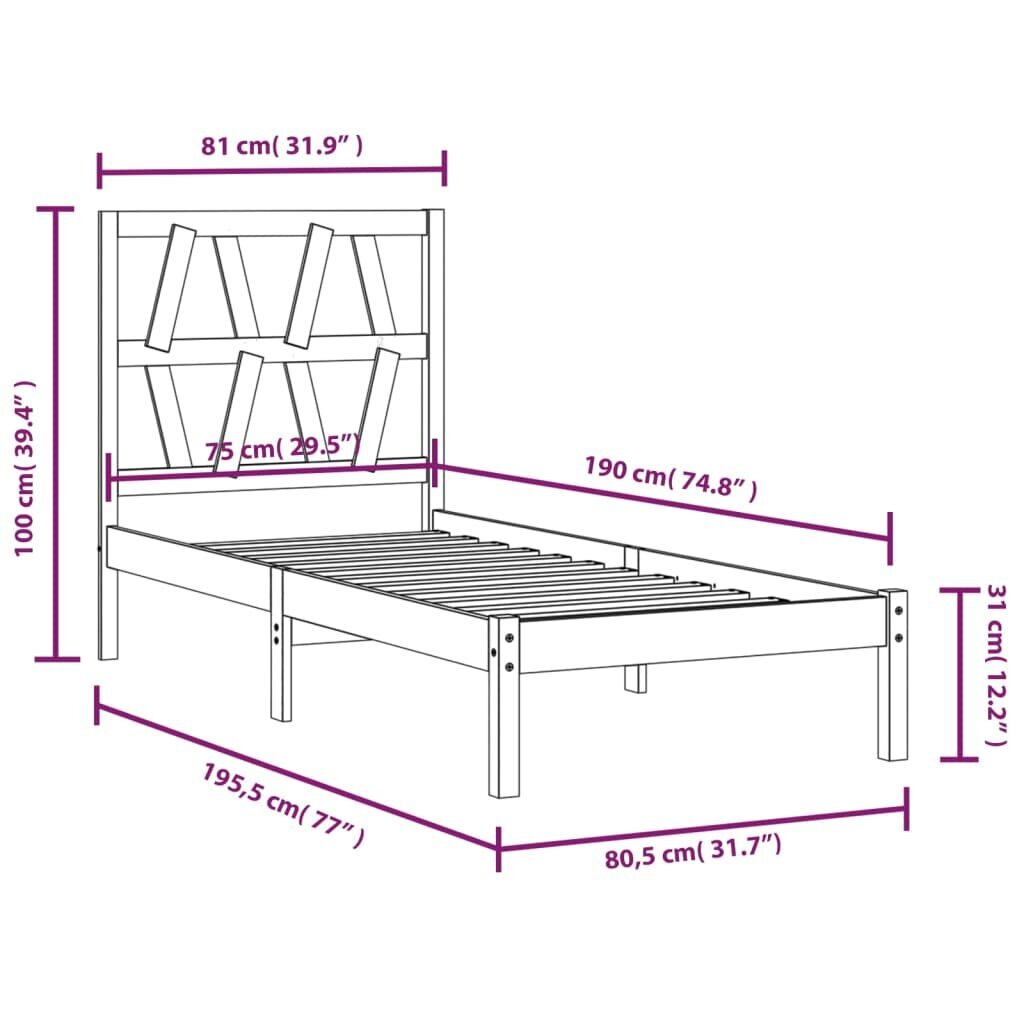 vidaXL voodiraam, täismännipuit, 75 x 190 cm hind ja info | Voodid | kaup24.ee