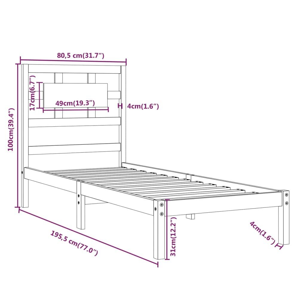 vidaXL voodiraam, männipuit, 75 x 190 cm цена и информация | Voodid | kaup24.ee