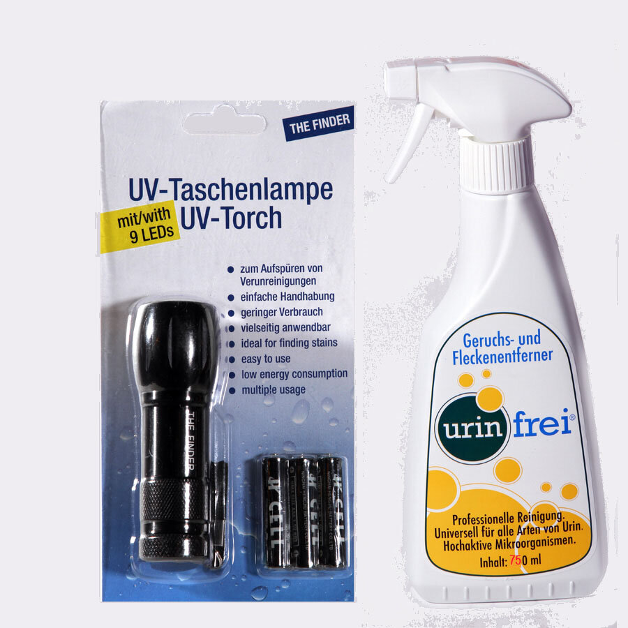 Komplekt Urin Frei uriiniplekkide ja uurini lõhnade eemaldaja 750ml ja UV lamp - must valgus, uriiniplekkide leidmine цена и информация | Hooldusvahendid loomadele | kaup24.ee