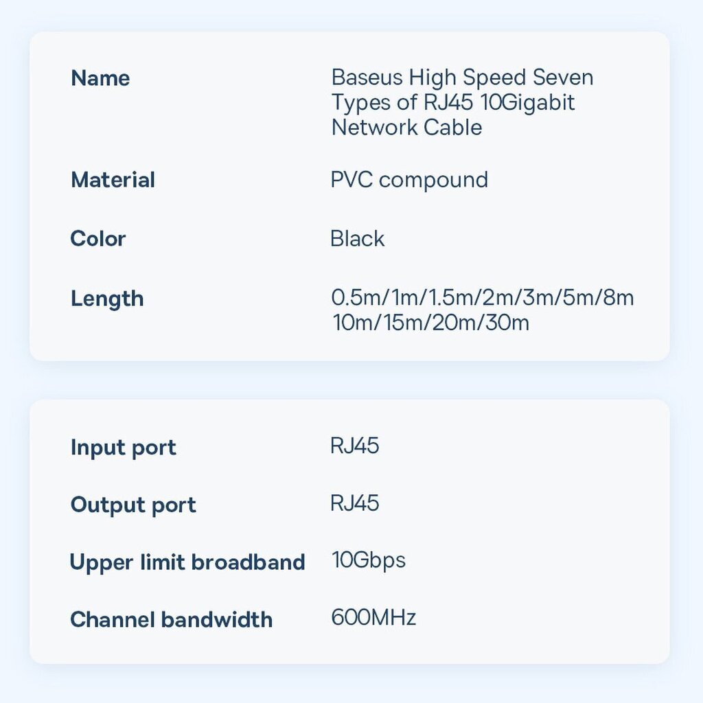 Baseus Speed Seven High Speed RJ45 Network Cable 10Gbps 1m Black (WKJS010101) цена и информация | Kaablid ja juhtmed | kaup24.ee