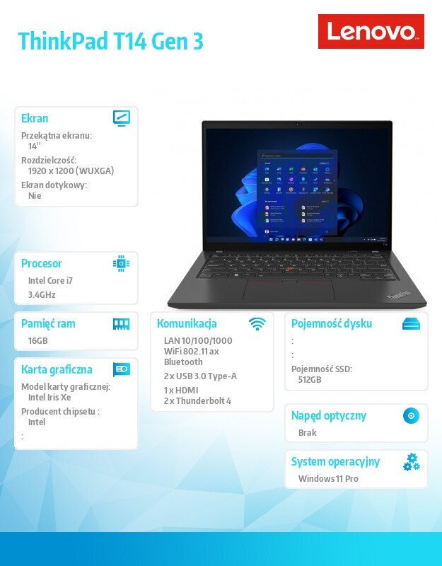 Ultrabook ThinkPad T14 G3 21AH0082PB W11Pro i7-1260P/ 16GB/ 512GB/ INT/ 14.0 WUXGA/ vPro/ 3YRS Premier Support hind ja info | Sülearvutid | kaup24.ee