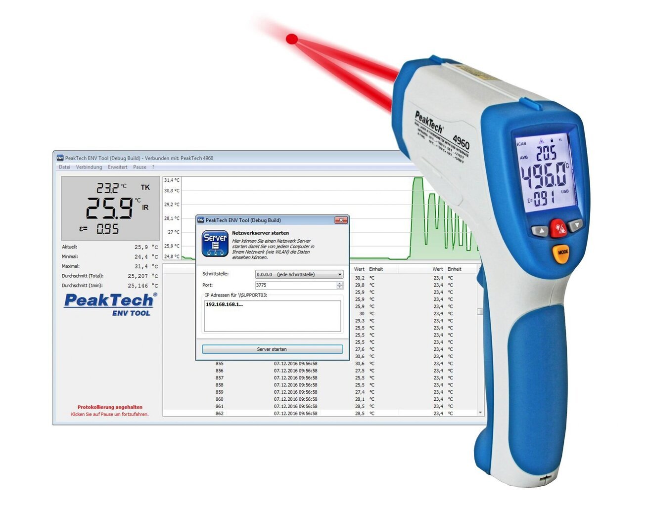 Infrapuna termomeeter PeakTech® P 4960, -50 ... +1200 °C; USB-liides цена и информация | Ilmajaamad, termomeetrid | kaup24.ee