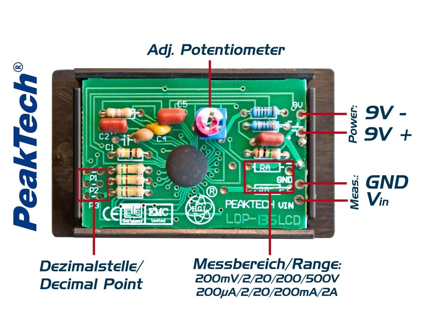 Volt ja ampermeeter PeakTech® LDP-135, LCD-ekraan kõrgusega 13 mm hind ja info | Käsitööriistad | kaup24.ee