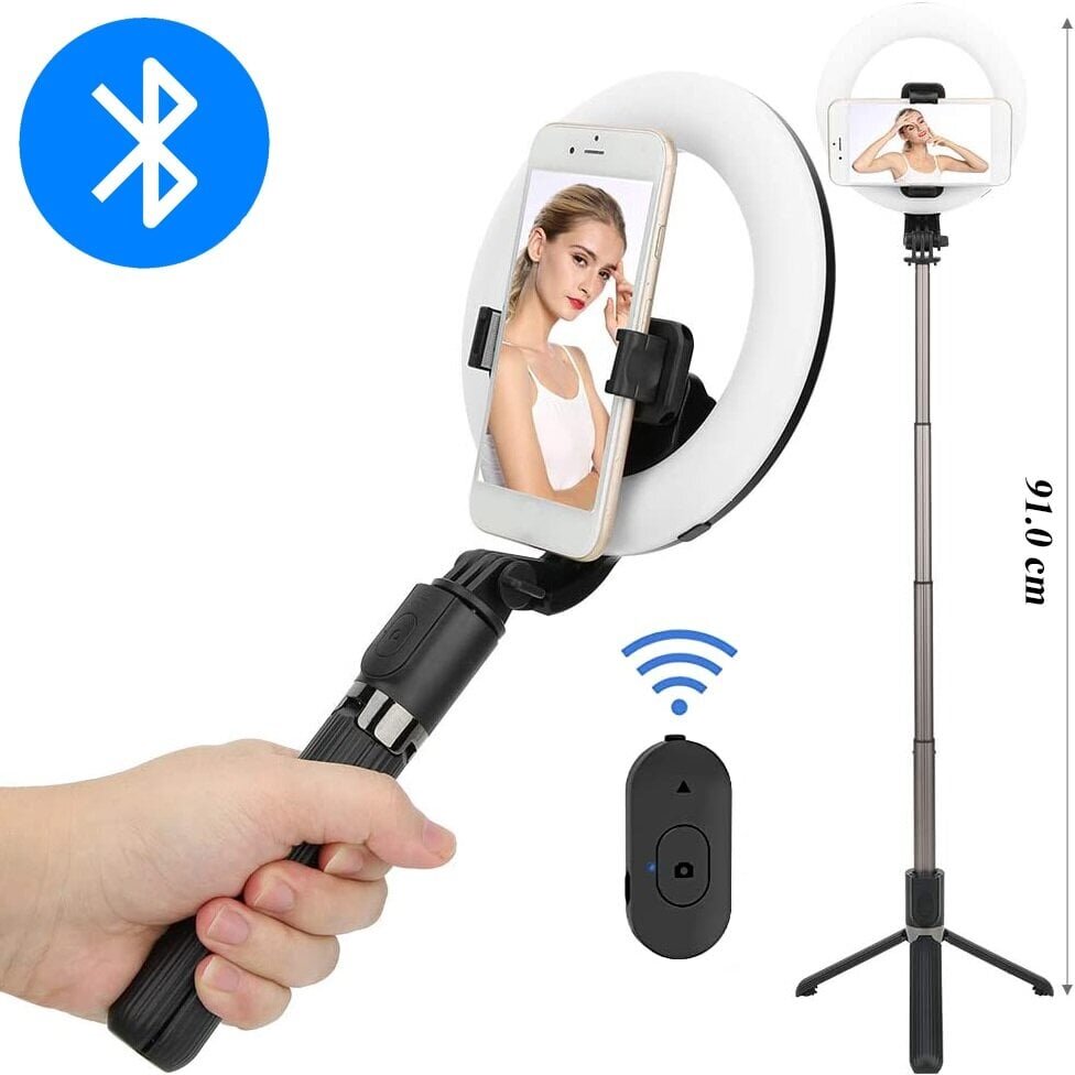 LED selfie-pulk - rõngaslambi ja Bluetooth puldiga alus цена и информация | Selfie sticks | kaup24.ee