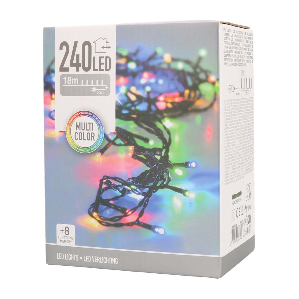 LED LIGHTS OUTDOOR, 240 MULTICOLOUR LED STRING, 5MM BULB, 3MTR LEADWIRE, GREEN WIRE, CROSS-SECTION 0,15MM2, 7.5CM SPACING, WITH 8 FUNCTION CONTROLLER WITH MEMORY, IP44 ELECTRONIC ADAPTER, CE/ 173X85X177MM, COLOUR BOX hind ja info | Jõulutuled | kaup24.ee