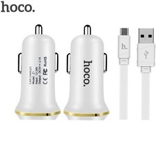 Hoco Z1 2in1 Kit Авто DC 12-24V Два USB Гнезда 2.1A Зарядка + USB на Micro USB 1m Кабель Белый цена и информация | Зарядные устройства для телефонов | kaup24.ee
