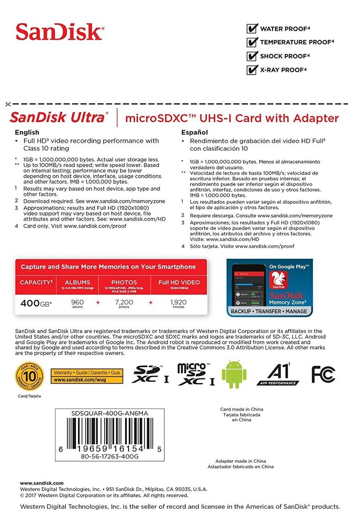 Sandisk 400 GB Ultra Android microSDXC + SD-adapter + mälutsooni rakendus 100 MB/s A1 klass 10 UHS-I цена и информация | Mobiiltelefonide mälukaardid | kaup24.ee