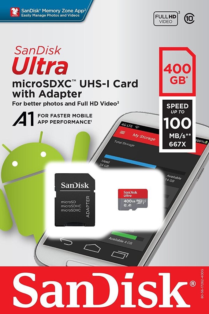 Sandisk 400 GB Ultra Android microSDXC + SD-adapter + mälutsooni rakendus 100 MB/s A1 klass 10 UHS-I hind ja info | Mobiiltelefonide mälukaardid | kaup24.ee