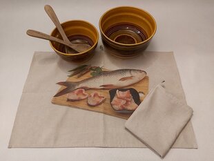Linane rätik ilma trükita ja linane rätik 45 x 70 cm digitrükiga "Kala köögilaual", 2 tk hind ja info | Köögirätikud, pajakindad, põlled | kaup24.ee