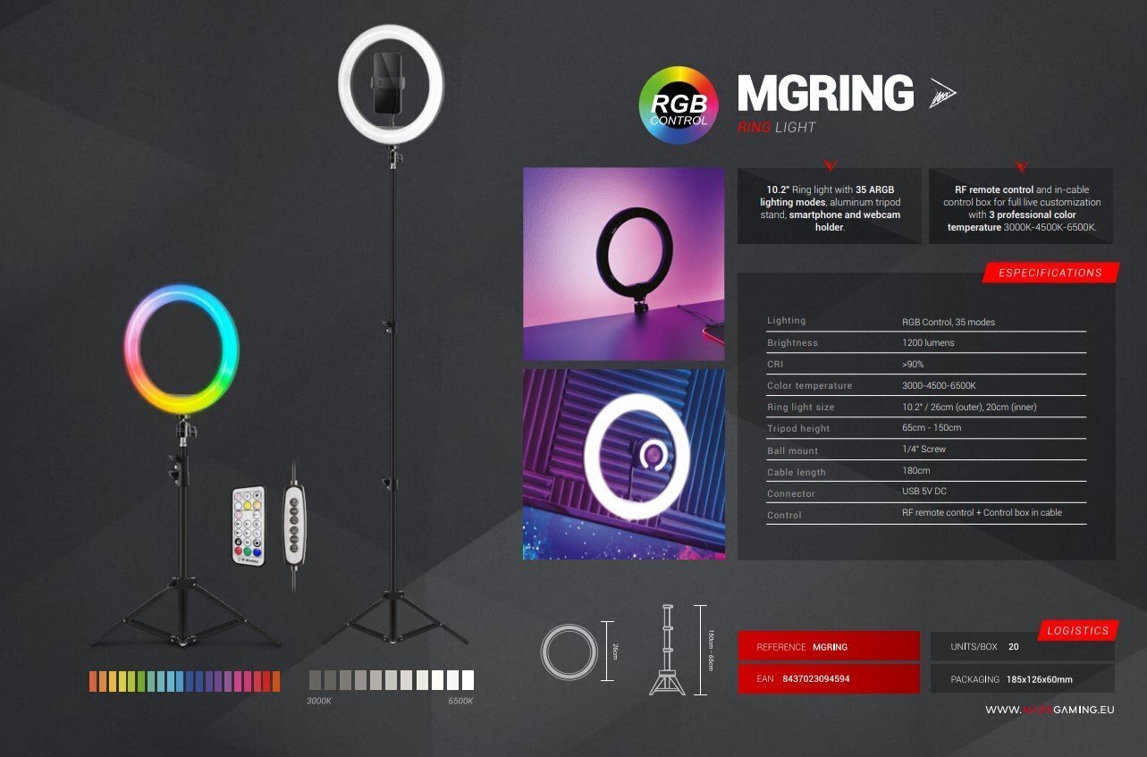 Mars Gaming Blogimisstatiiv RGB rõngaslambiga 1,5 m / 1200 lm / 10" hind ja info | Fotovalgustuse seadmed | kaup24.ee