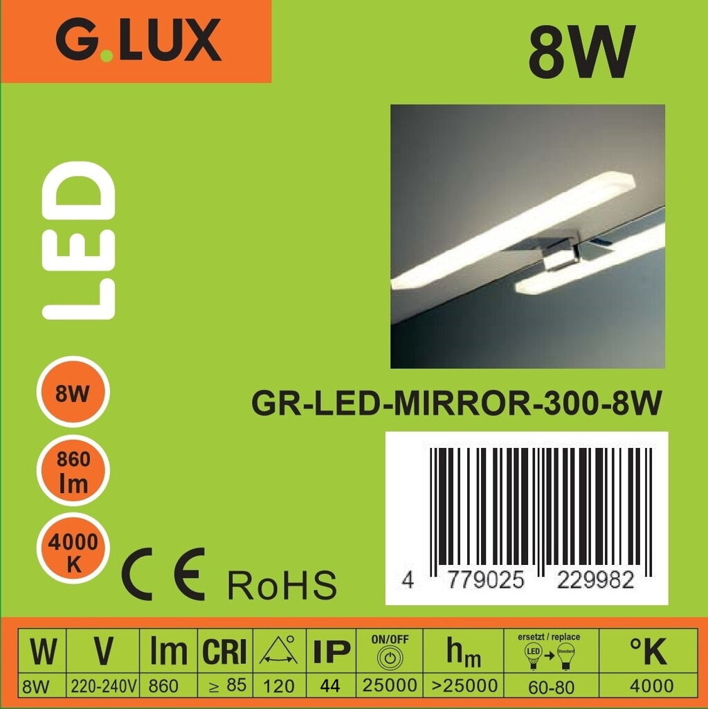 Peegel LED valgusti G.LUX GR-LED-MIRROR-300-8W hind ja info | Seinavalgustid | kaup24.ee