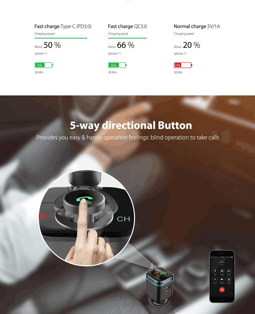 Feegar Q200 PRO FM modulaator Bluetooth 5.0 saatja BT QC 3.0 PD microSD MP3 USB-C 12-24V laadija 42W HD mikrofon цена и информация | FM modulaatorid, FM trasmitterid | kaup24.ee