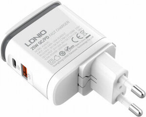 Wall charger with light function LDNIO A2423C, USB + USB-C, PD + QC 3.0, 25W (white) цена и информация | Зарядные устройства для телефонов | kaup24.ee