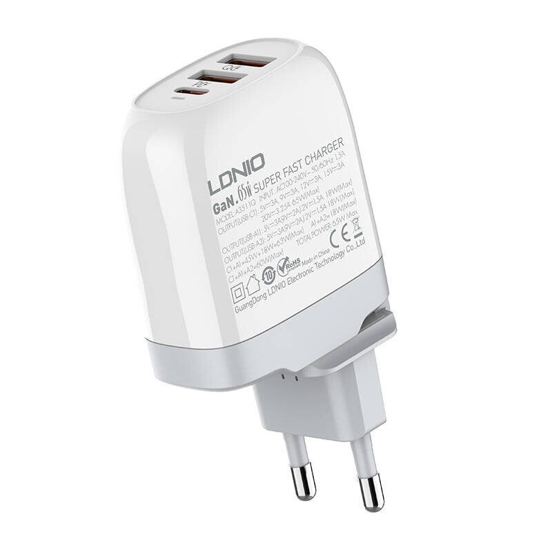 GaN charger LDNIO A3511Q, 2x USB + USB-C, 65W (white) цена и информация | Mobiiltelefonide laadijad | kaup24.ee