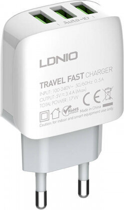 Ldnio Wall charger A3312, 3x USB, 17W (white) hind ja info | Mobiiltelefonide laadijad | kaup24.ee