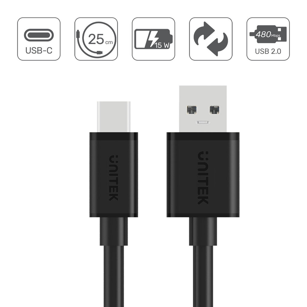 Unitek Y-C480BK, USB-A /USB-C, 25 cm hind ja info | Kaablid ja juhtmed | kaup24.ee