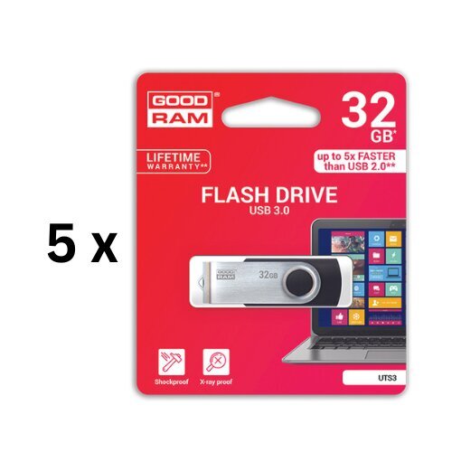 Mälupulk USB 3.0 GOODRAM UTS3 32GB, must sp. pakis 5 tk. hind ja info | Mälupulgad | kaup24.ee