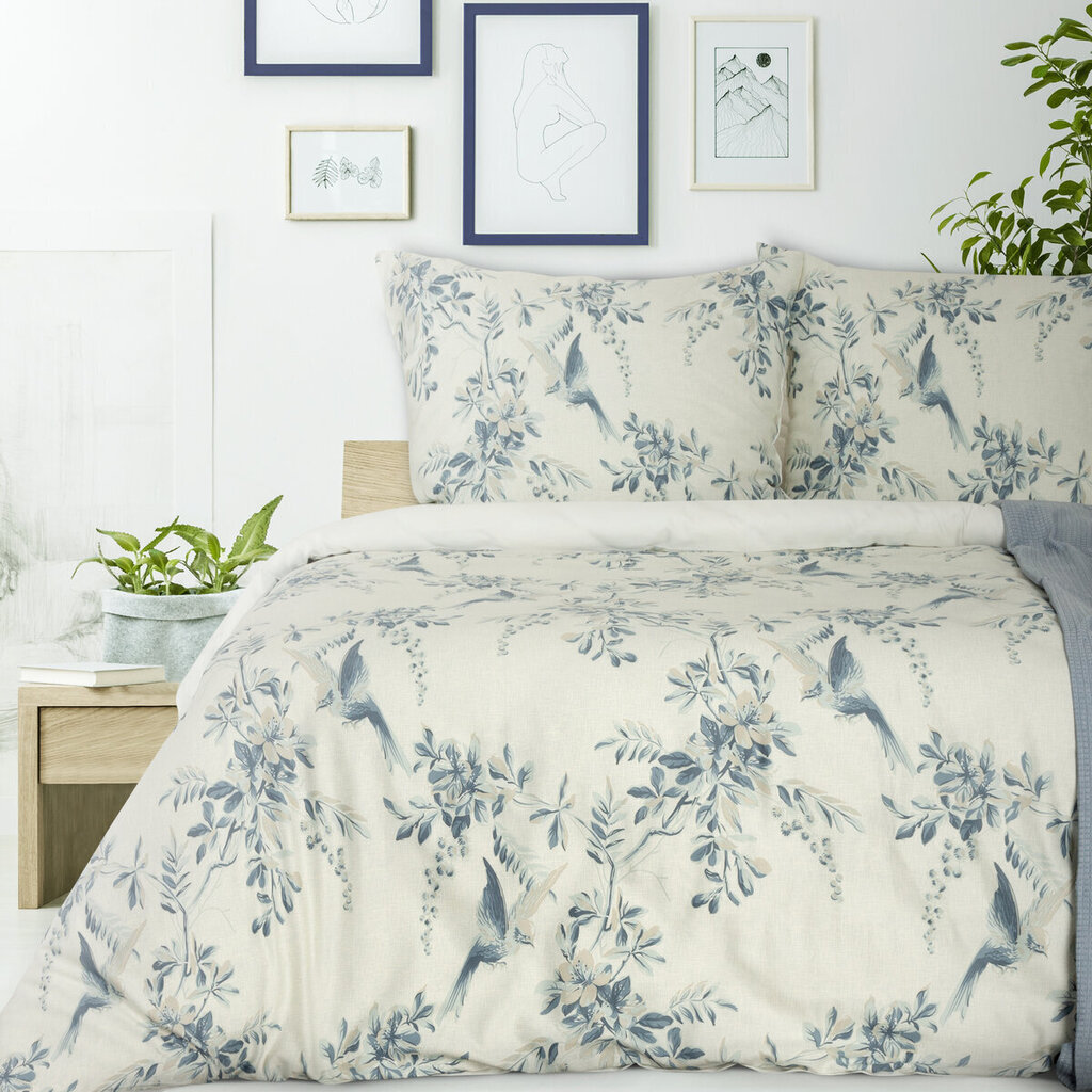 Puuvillasatiinist voodipesu koos siniste lehtedega, 200x220 cm, 70x80 cm /X2 hind ja info | Voodipesu | kaup24.ee