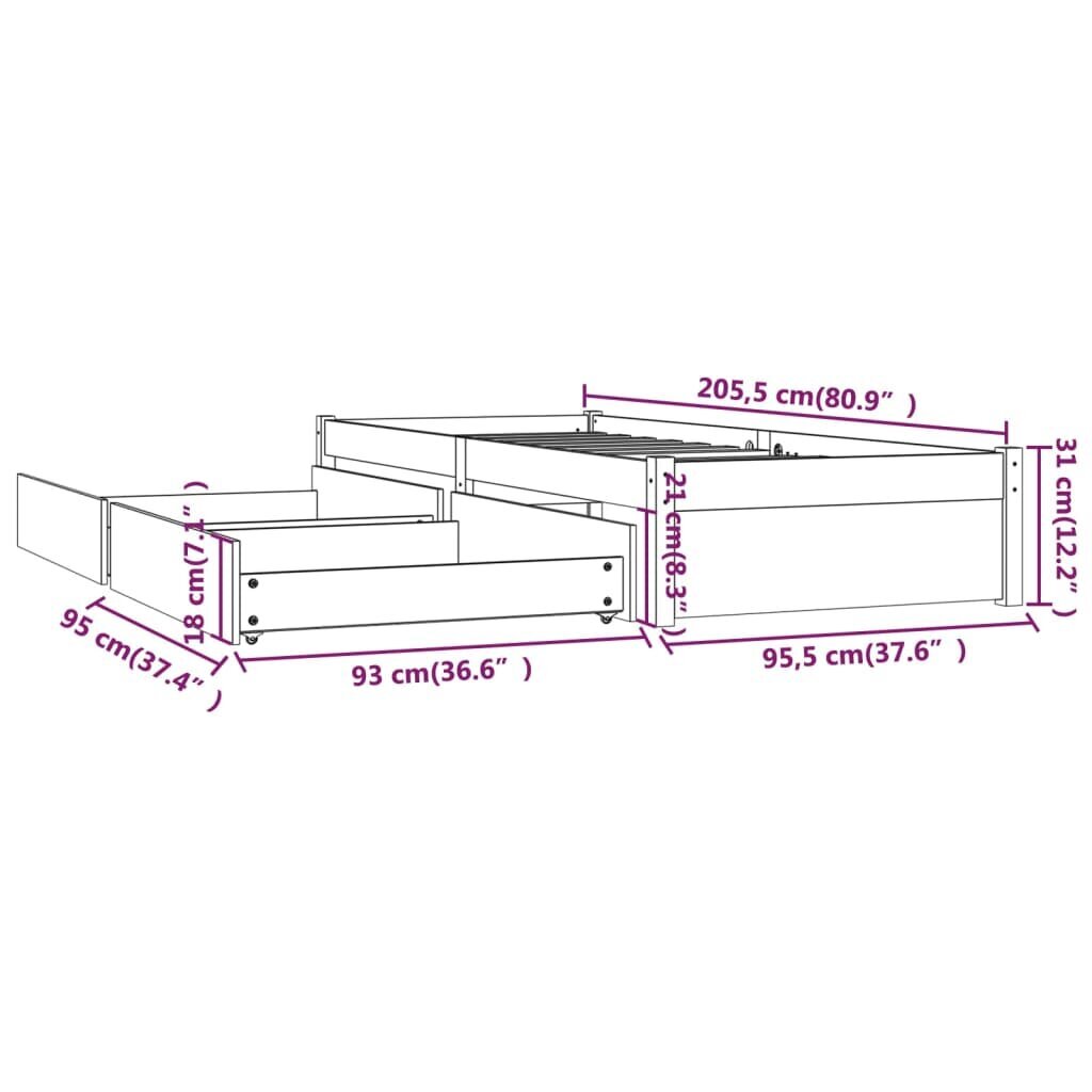 vidaXL voodiraam sahtlitega, hall, 90 x 200 cm hind ja info | Voodid | kaup24.ee